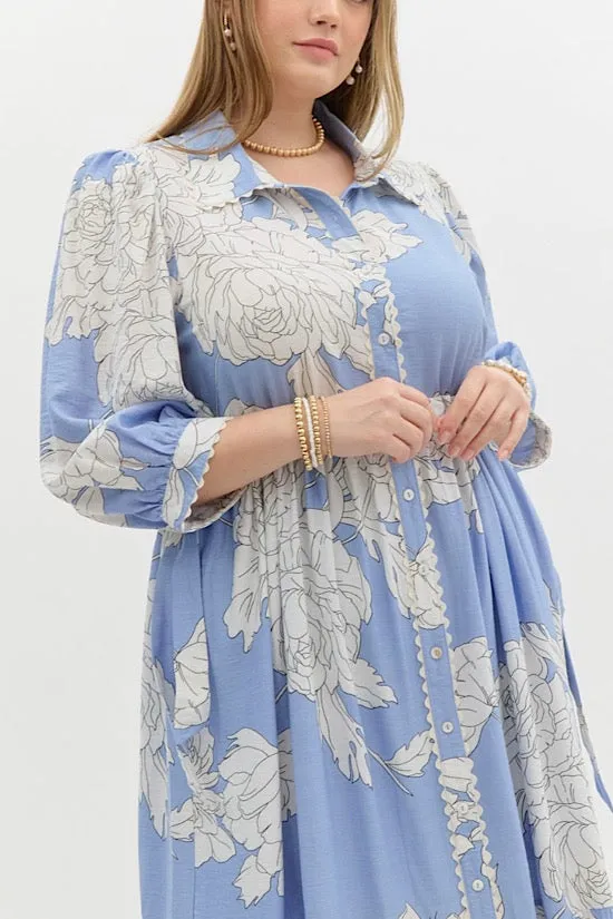 Blue Floral Print Midi with Scalloped Trim Detail (E0)