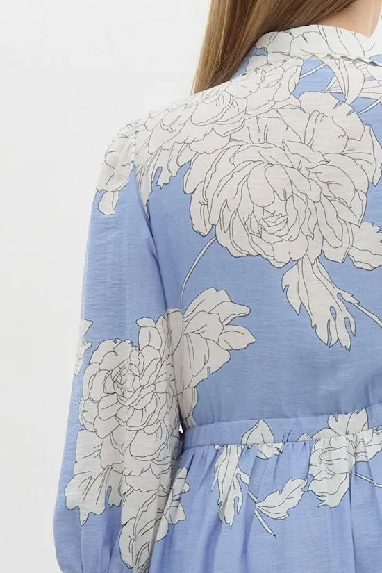 Blue Floral Print Midi with Scalloped Trim Detail (E0)