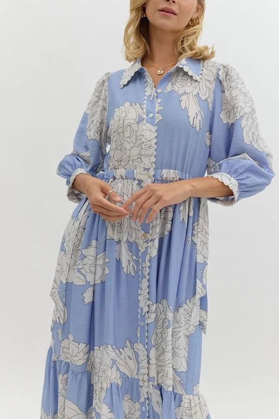 Blue Floral Print Midi with Scalloped Trim Detail (E0)