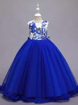 Blue Jewel Neck Sleeveless Lace Polyester Cotton Tulle Embroidered Kids Party Dresses