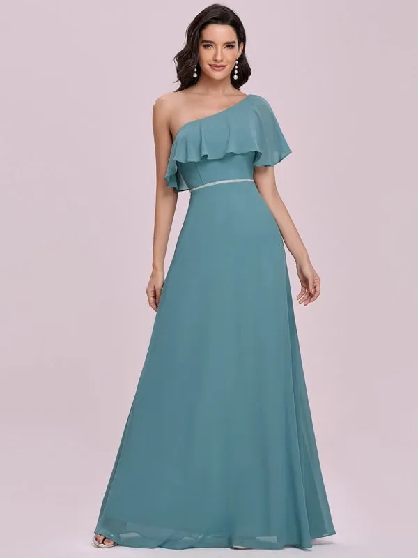 Blue Prom Dress A-Line One Shoulder Sleeveless Backless Ruffles Chiffon Evening Dresses