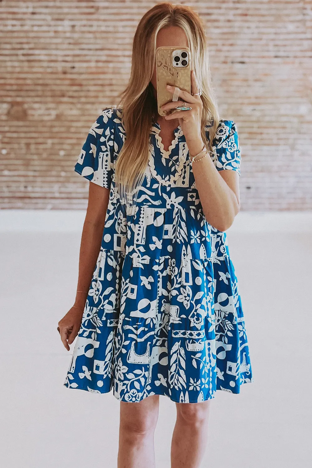 Blue Ricrac Trim Split Neck Floral Loose Dress