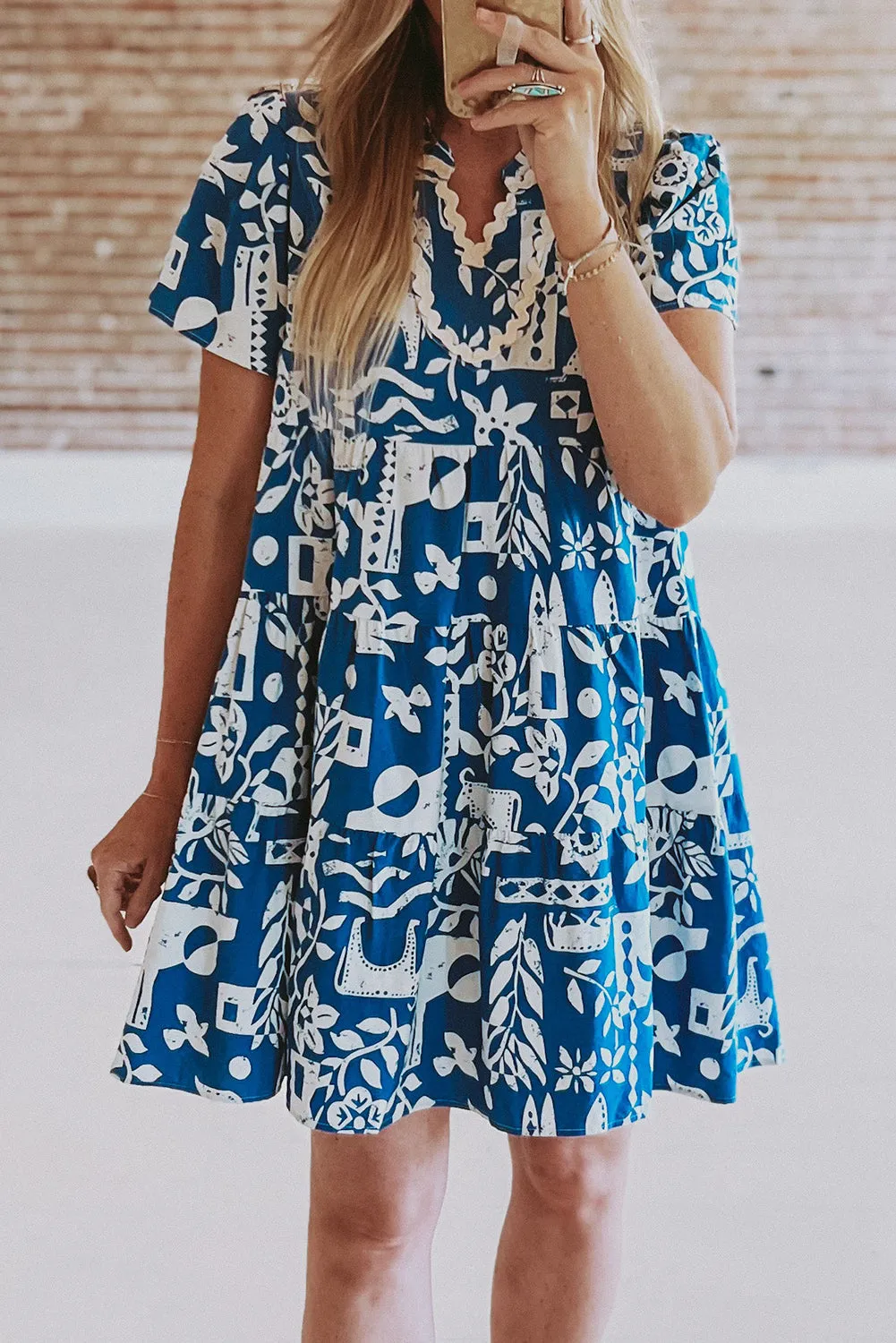 Blue Ricrac Trim Split Neck Floral Loose Dress