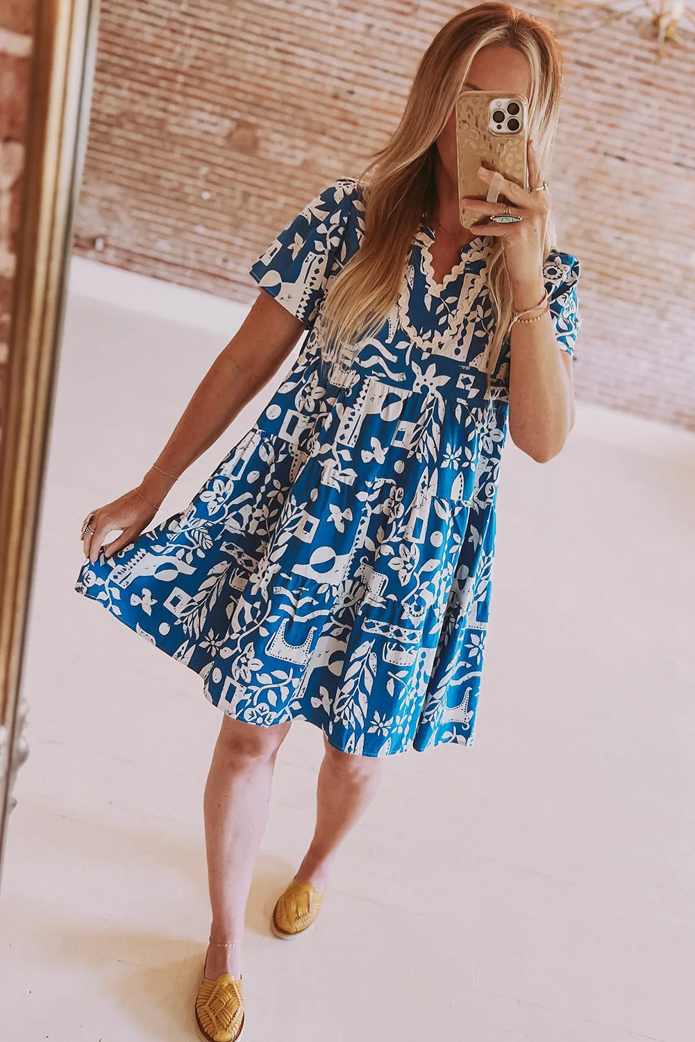 Blue Ricrac Trim Split Neck Floral Loose Dress