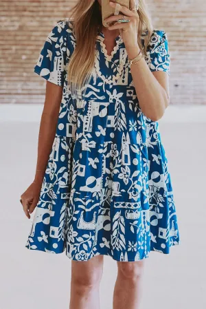 Blue Ricrac Trim Split Neck Floral Loose Dress
