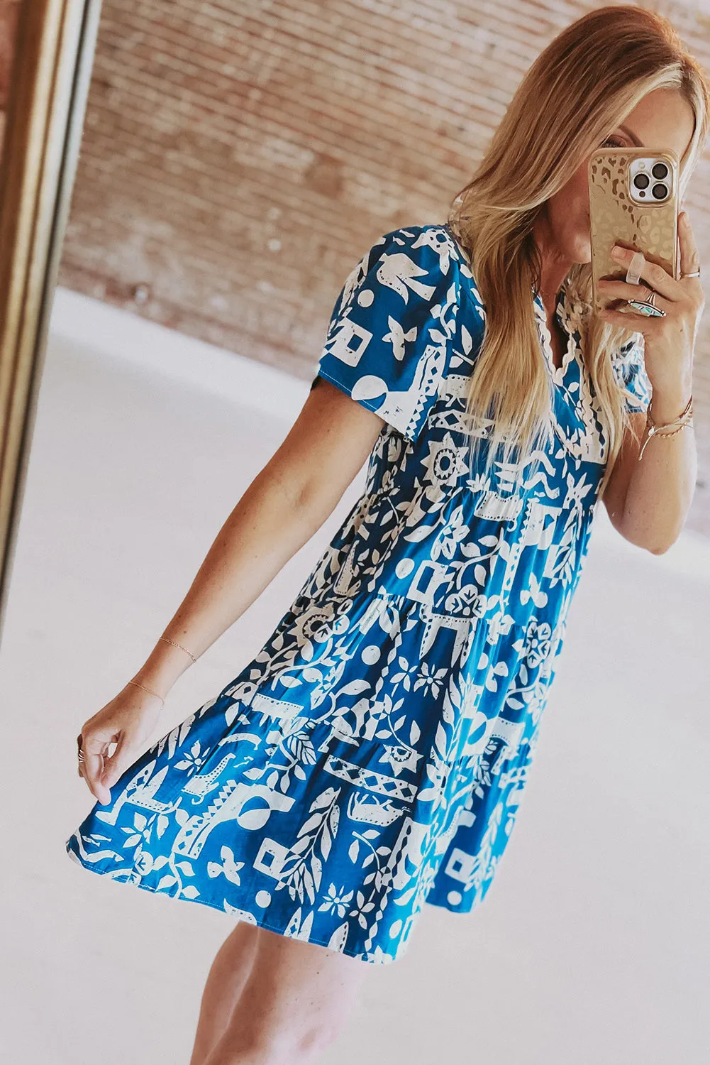 Blue Ricrac Trim Split Neck Floral Loose Dress