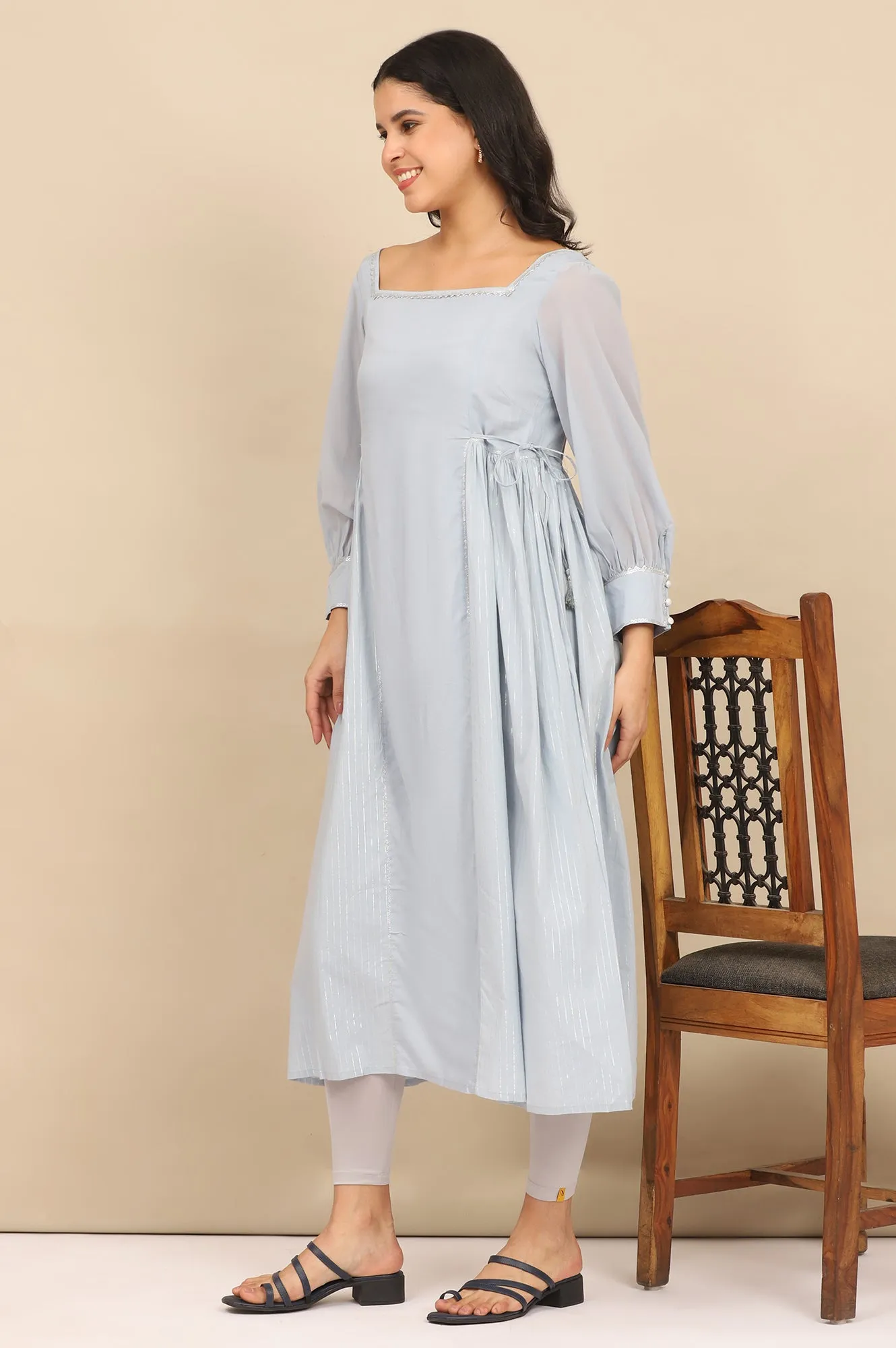 Blue Sequined Side Gathered Flared Kurta and Leggings Set