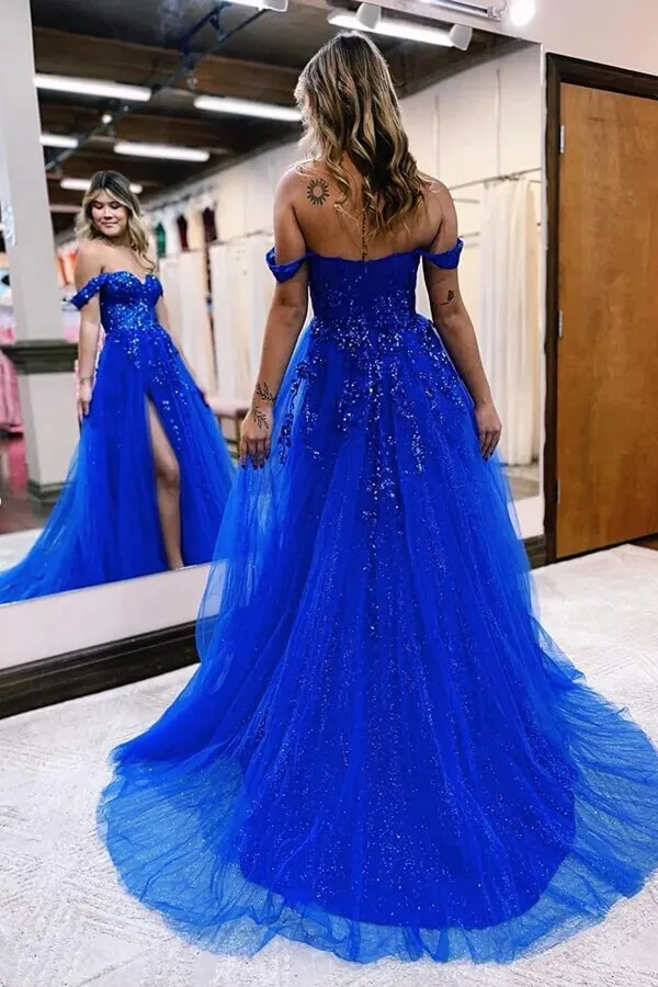 Blue Tulle A-line Off-the-Shoulder Lace Appliques Prom Dress With Slit, MP908