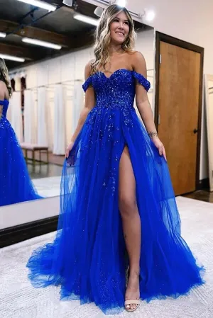 Blue Tulle A-line Off-the-Shoulder Lace Appliques Prom Dress With Slit, MP908