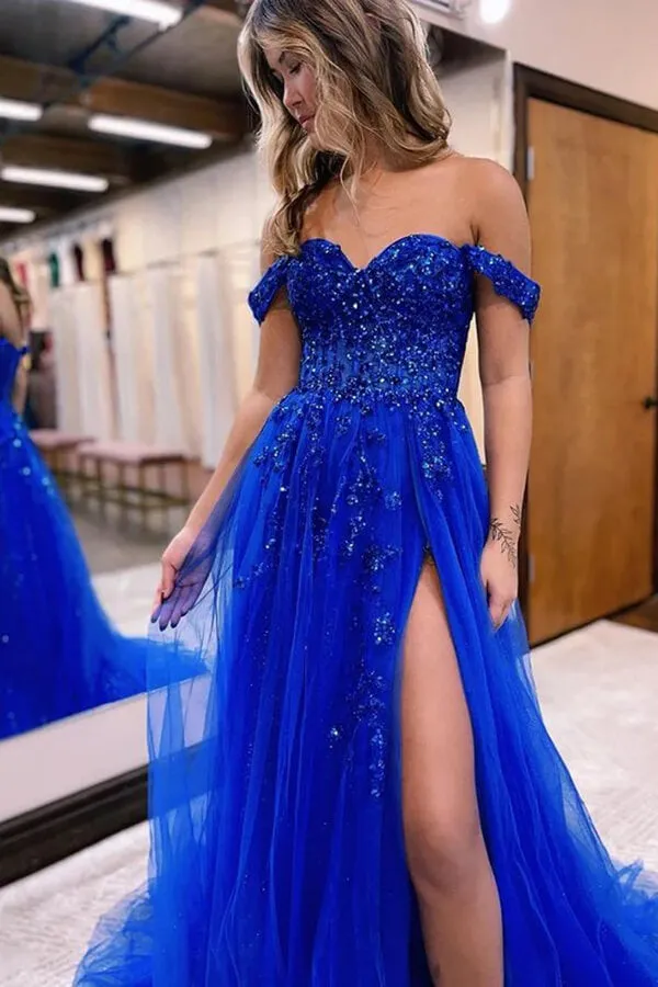 Blue Tulle A-line Off-the-Shoulder Lace Appliques Prom Dress With Slit, MP908