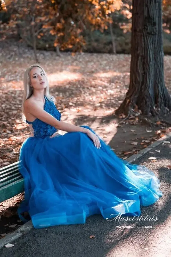 Blue Tulle A-line One Shoulder Lace Appliques Long Prom Dresses, MP890