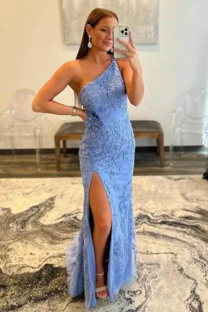 Blue Tulle Lace Appliques Mermaid One Shoulder Prom Dresses With Slit, MP832