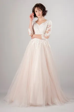Blush Pink Tulle Wedding Dress with Lace Sleeves