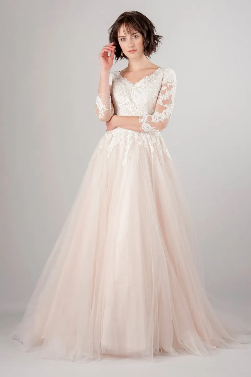 Blush Pink Tulle Wedding Dress with Lace Sleeves