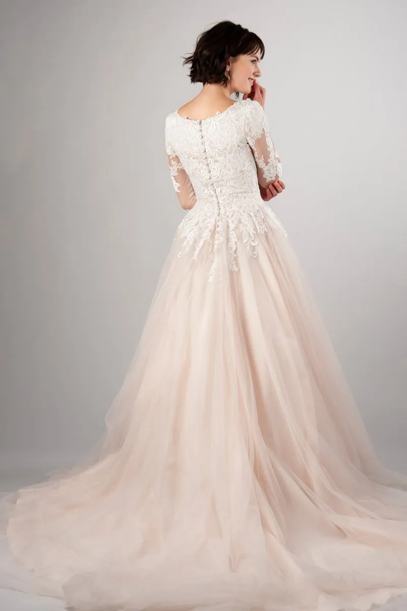 Blush Pink Tulle Wedding Dress with Lace Sleeves