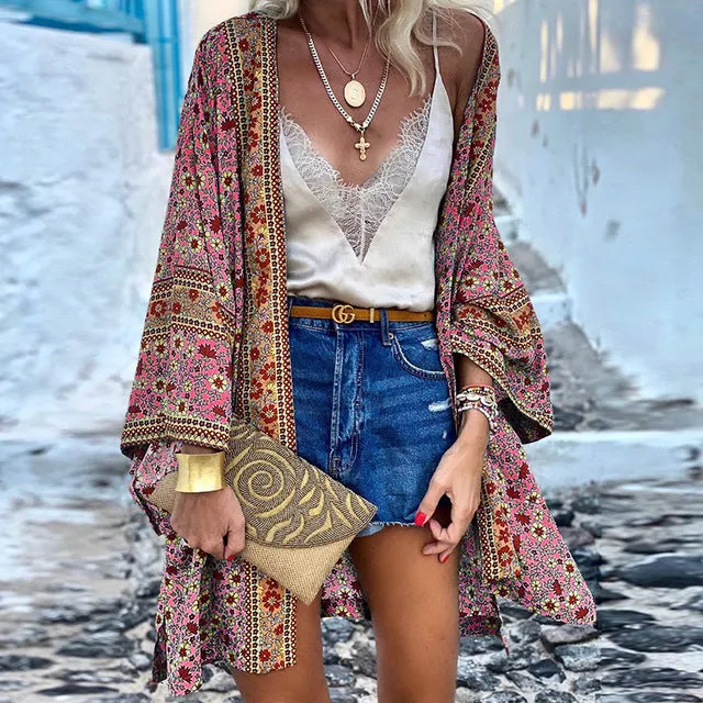 Bohemian Oversized Cardigan Long Sleeve Flower Print V-Neck Batwing Sleeve Long Cardigans