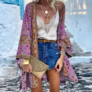 Bohemian Oversized Cardigan Long Sleeve Flower Print V-Neck Batwing Sleeve Long Cardigans