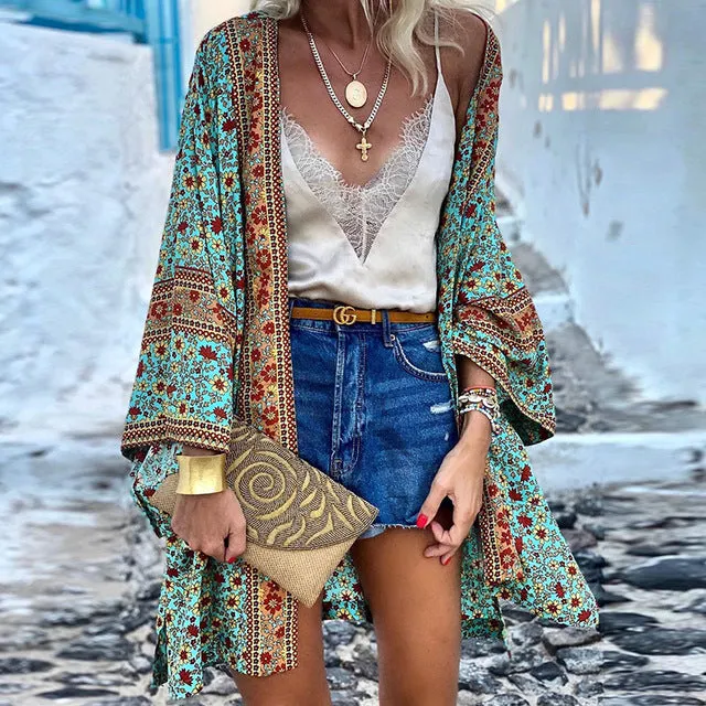 Bohemian Oversized Cardigan Long Sleeve Flower Print V-Neck Batwing Sleeve Long Cardigans