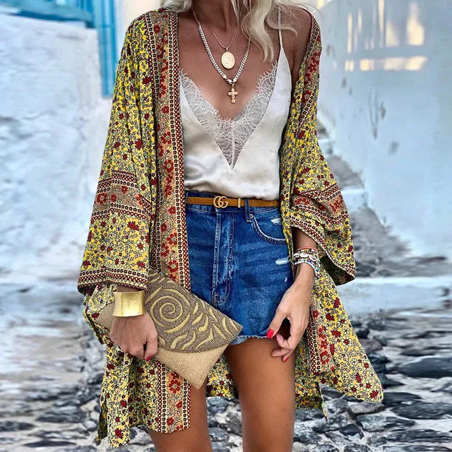 Bohemian Oversized Cardigan Long Sleeve Flower Print V-Neck Batwing Sleeve Long Cardigans