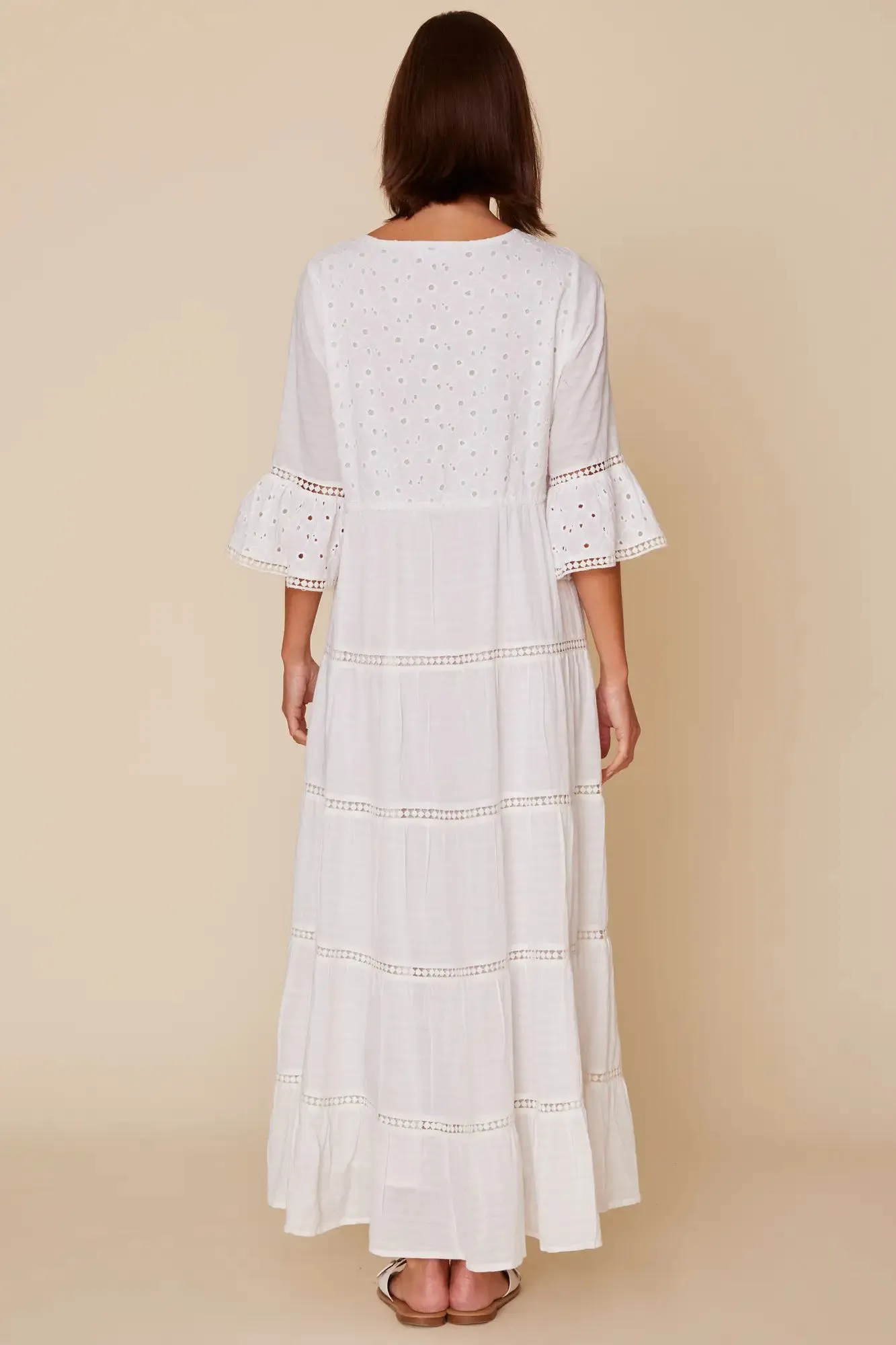 Bohemian Tiered Flared Sleeve Eyelet Maxi Dress