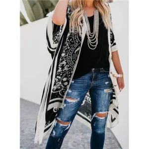 Boho‎ Black Floral Printed Cardigan Long Kimono Duster Bikini Swimsuit Coverup