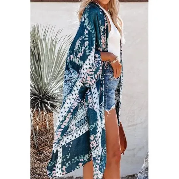 Boho Blue Tie Dye Printed Cardigan‎ Long Kimono Duster Bikini Swimsuit Coverup