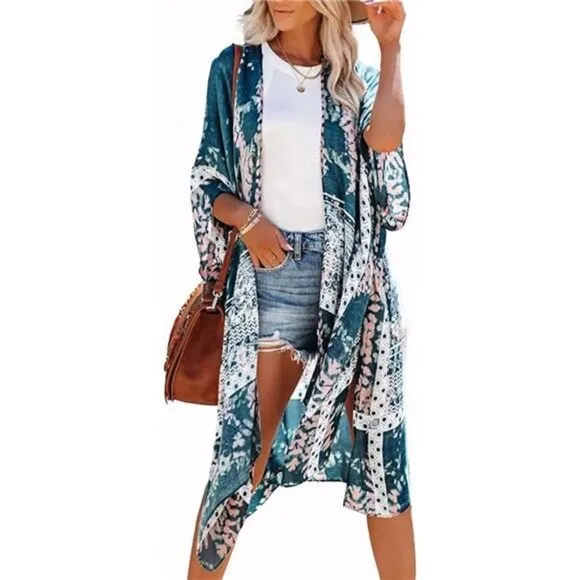 Boho Blue Tie Dye Printed Cardigan‎ Long Kimono Duster Bikini Swimsuit Coverup