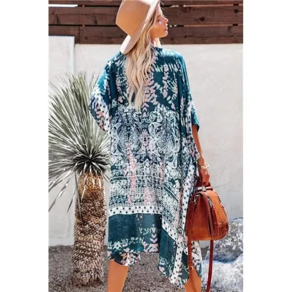 Boho Blue Tie Dye Printed Cardigan‎ Long Kimono Duster Bikini Swimsuit Coverup