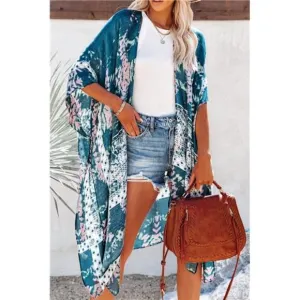 Boho Blue Tie Dye Printed Cardigan‎ Long Kimono Duster Bikini Swimsuit Coverup