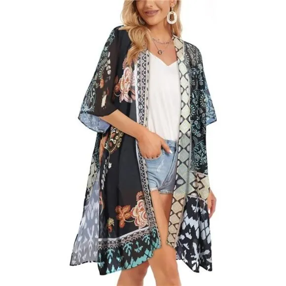 Boho Floral Paisley Patchwork Printed Cardigan Kimono Duster Bikini Swim Coverup