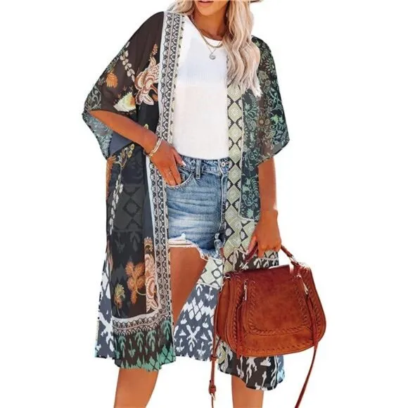 Boho Floral Paisley Patchwork Printed Cardigan Kimono Duster Bikini Swim Coverup