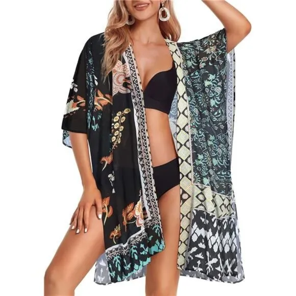 Boho Floral Paisley Patchwork Printed Cardigan Kimono Duster Bikini Swim Coverup