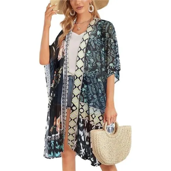 Boho Floral Paisley Patchwork Printed Cardigan Kimono Duster Bikini Swim Coverup