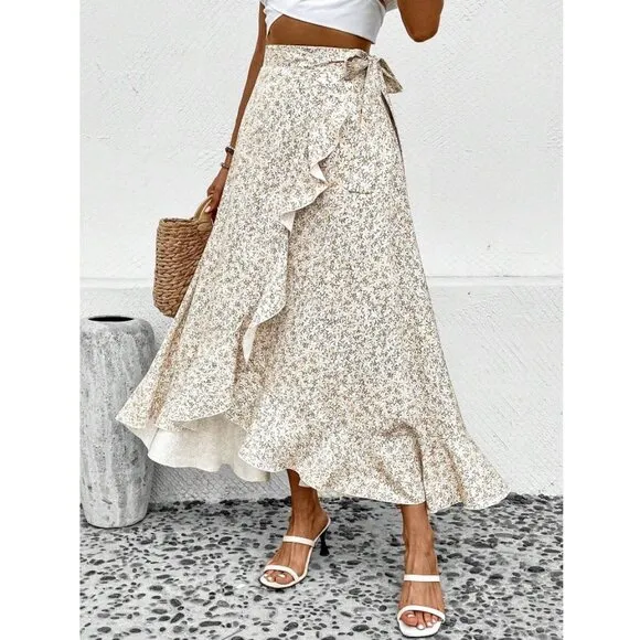 boho floral print ruffle wrap skirts maxi cream