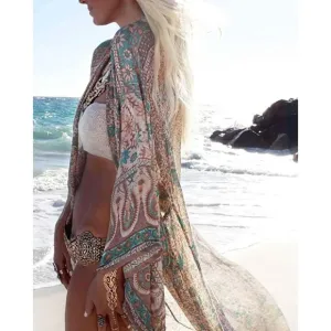 Boho Green Paisley Print Long Kimono Duster Cardigan Bikini Swim Coverup