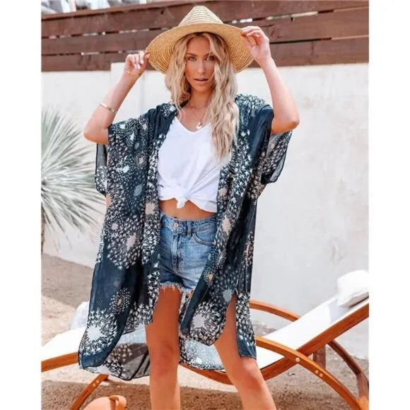 Boho Navy Blue Geometric Printed Cardigan Kimono Duster‎ Bikini Swimsuit Coverup