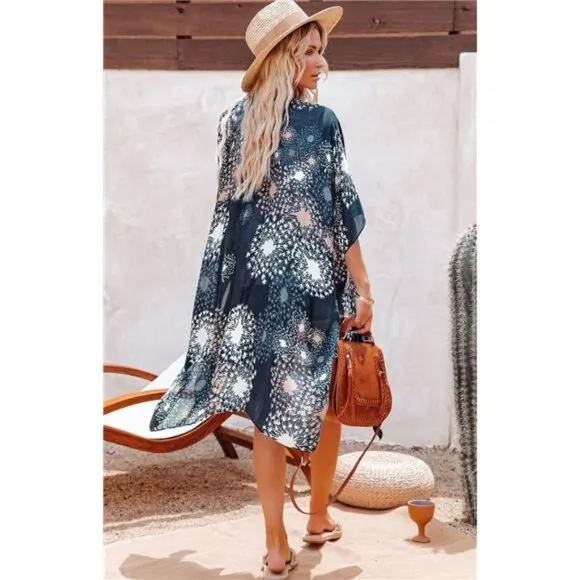 Boho Navy Blue Geometric Printed Cardigan Kimono Duster‎ Bikini Swimsuit Coverup