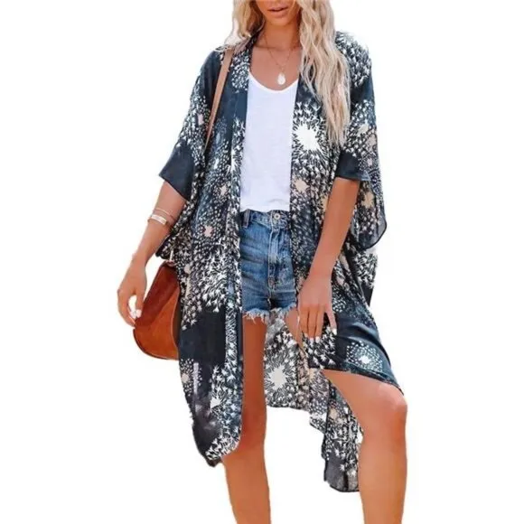 Boho Navy Blue Geometric Printed Cardigan Kimono Duster‎ Bikini Swimsuit Coverup