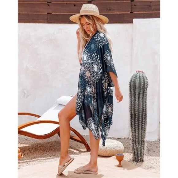 Boho Navy Blue Geometric Printed Cardigan Kimono Duster‎ Bikini Swimsuit Coverup