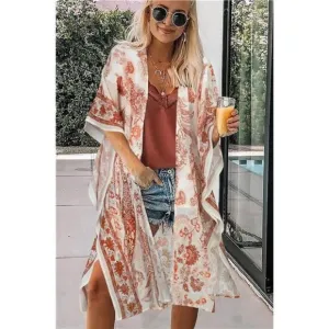 Boho Orange Paisley Printed Cardigan Long Kimono Duster Bikini Swimsuit Coverup