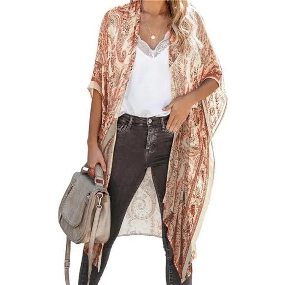 Boho Orange Paisley Printed Cardigan Long Kimono Duster Bikini Swimsuit Coverup