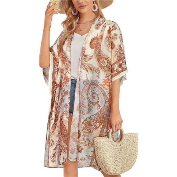 Boho Orange Paisley Printed Cardigan Long Kimono Duster Bikini Swimsuit Coverup