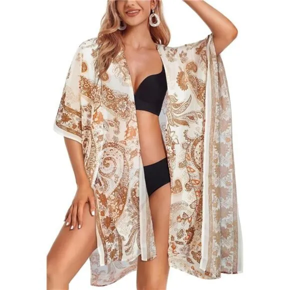 Boho Orange Paisley Printed Cardigan Long Kimono Duster Bikini Swimsuit Coverup