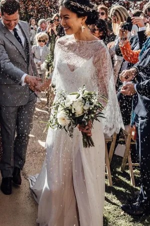 Boho Style Chiffon Bride Dresses with Lace Cape