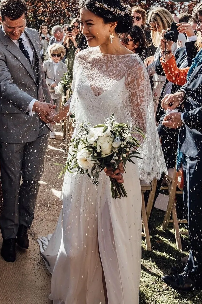 Boho Style Chiffon Bride Dresses with Lace Cape