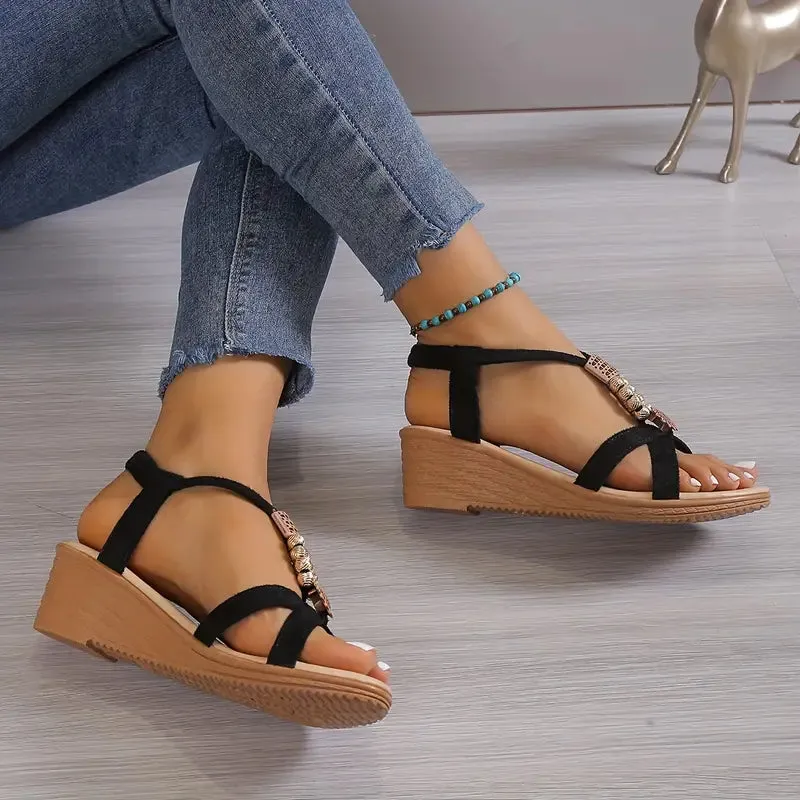 Boho Wedge Sandals | Beaded Strappy | Comfortable & Stylish