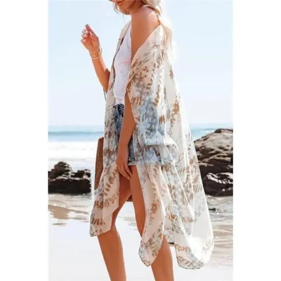 Boho White Paisley Tie Dye‎ Printed Cardigan Kimono Duster Bikini Swim Coverup