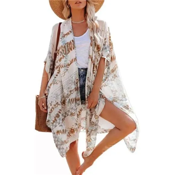 Boho White Paisley Tie Dye‎ Printed Cardigan Kimono Duster Bikini Swim Coverup
