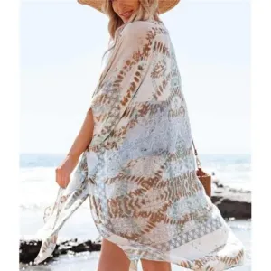 Boho White Paisley Tie Dye‎ Printed Cardigan Kimono Duster Bikini Swim Coverup