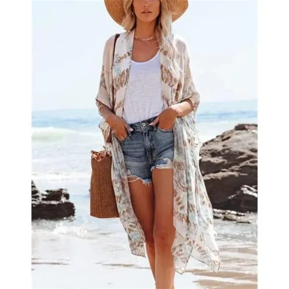 Boho White Paisley Tie Dye‎ Printed Cardigan Kimono Duster Bikini Swim Coverup